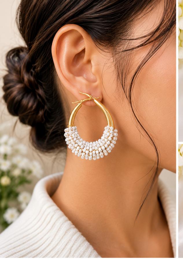 GA Brand White Beaded Gold Hoop Earrings