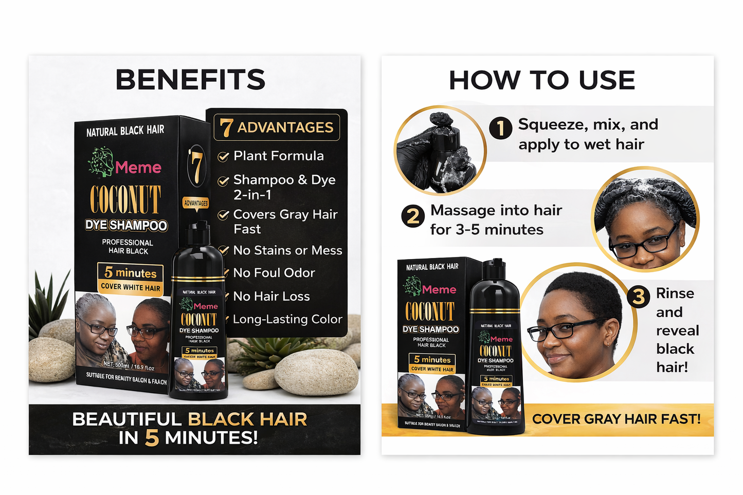 Coconut Dye Shampoo – Cover Gray Hair in 5 Minutes | Natural Black Hair