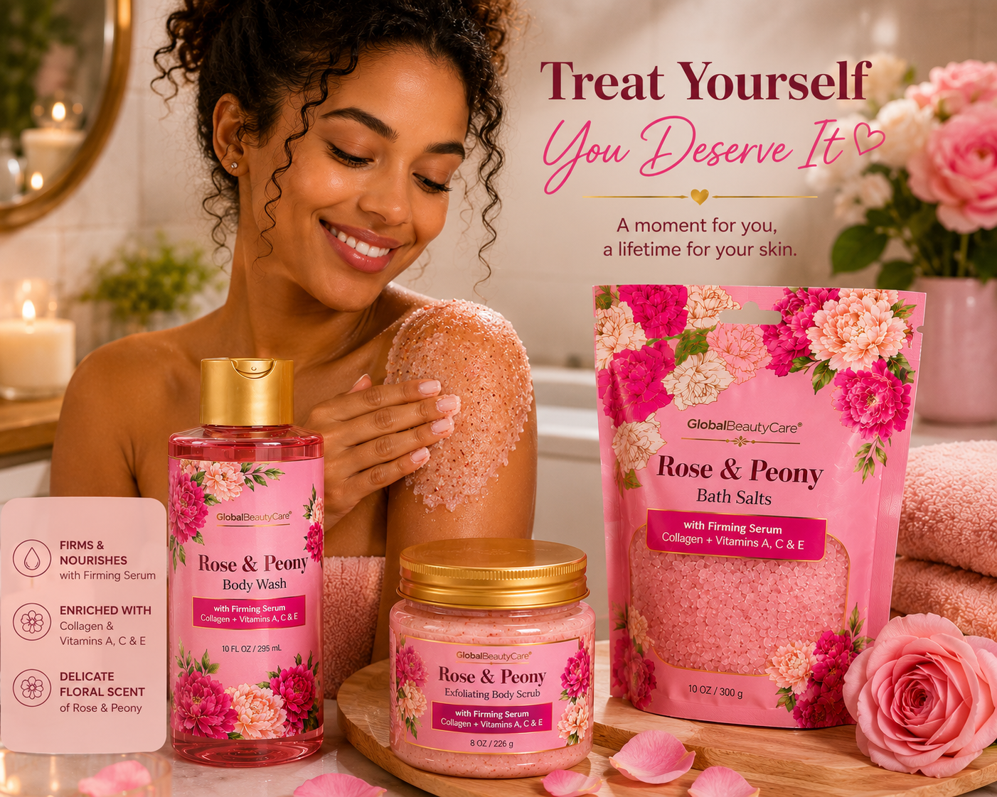 Rose & Peony Spa Set – Body Wash, Bath Salts & Exfoliating Body Scrub