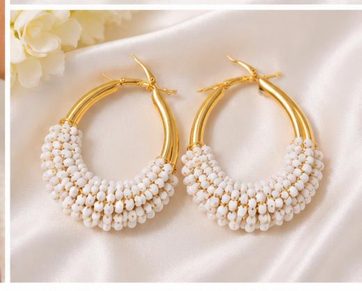 GA Brand White Beaded Gold Hoop Earrings