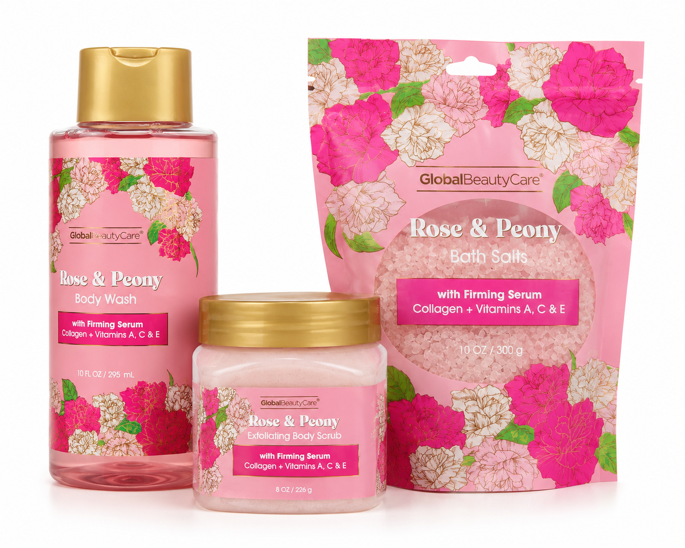 Rose & Peony Spa Set – Body Wash, Bath Salts & Exfoliating Body Scrub