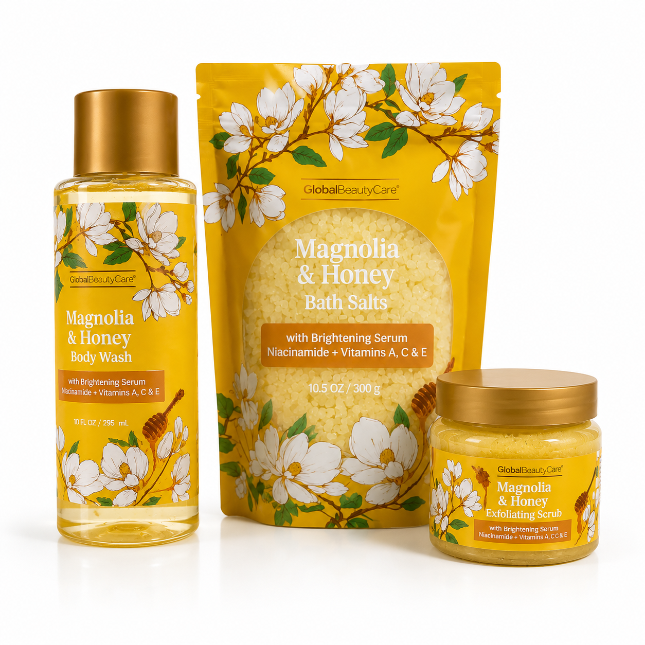 Magnolia & Honey Brightening Spa Set – Body Wash, Bath Salts & Exfoliating Scrub