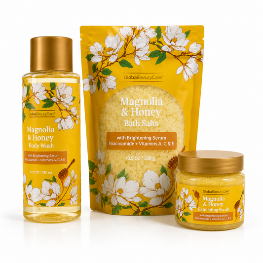 Magnolia & Honey Brightening Spa Set – Body Wash, Bath Salts & Exfoliating Scrub