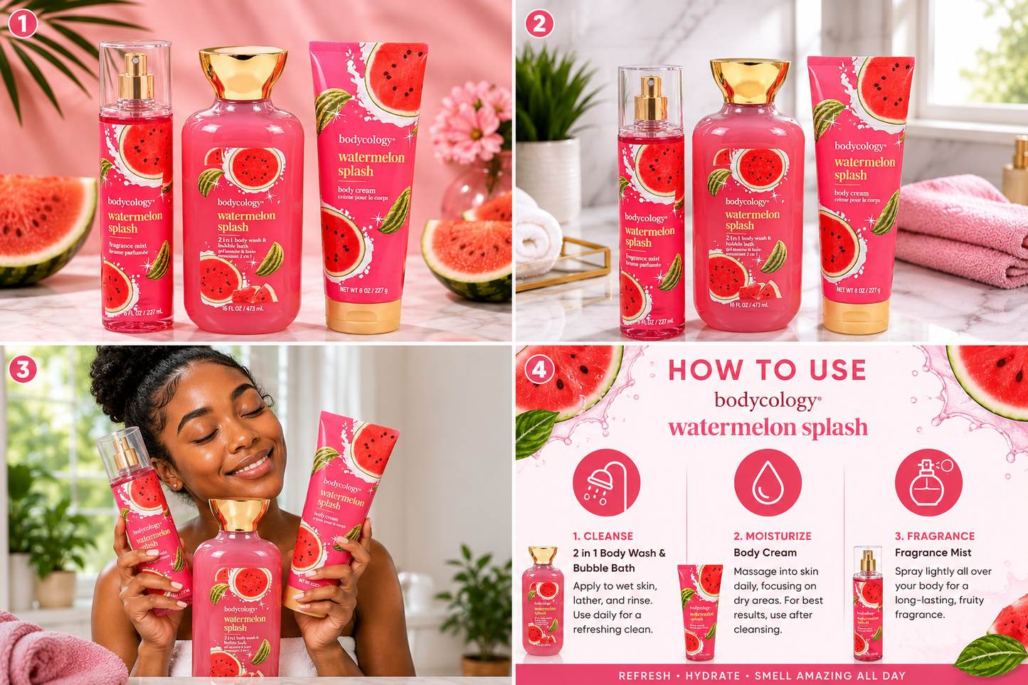 Bodycology Watermelon Splash Body Care Set – Fragrance Mist, Body Wash & Body Cream