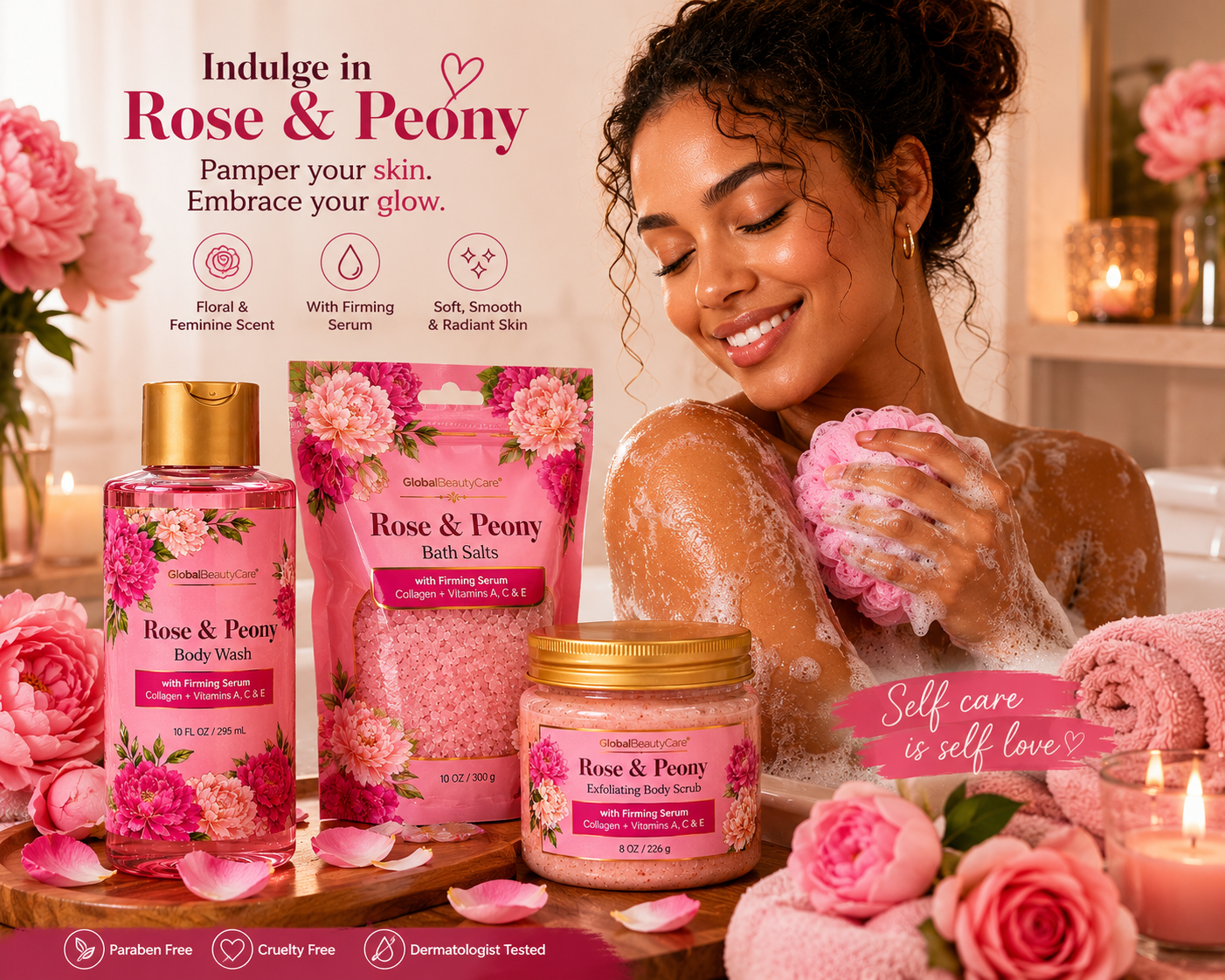 Rose & Peony Spa Set – Body Wash, Bath Salts & Exfoliating Body Scrub