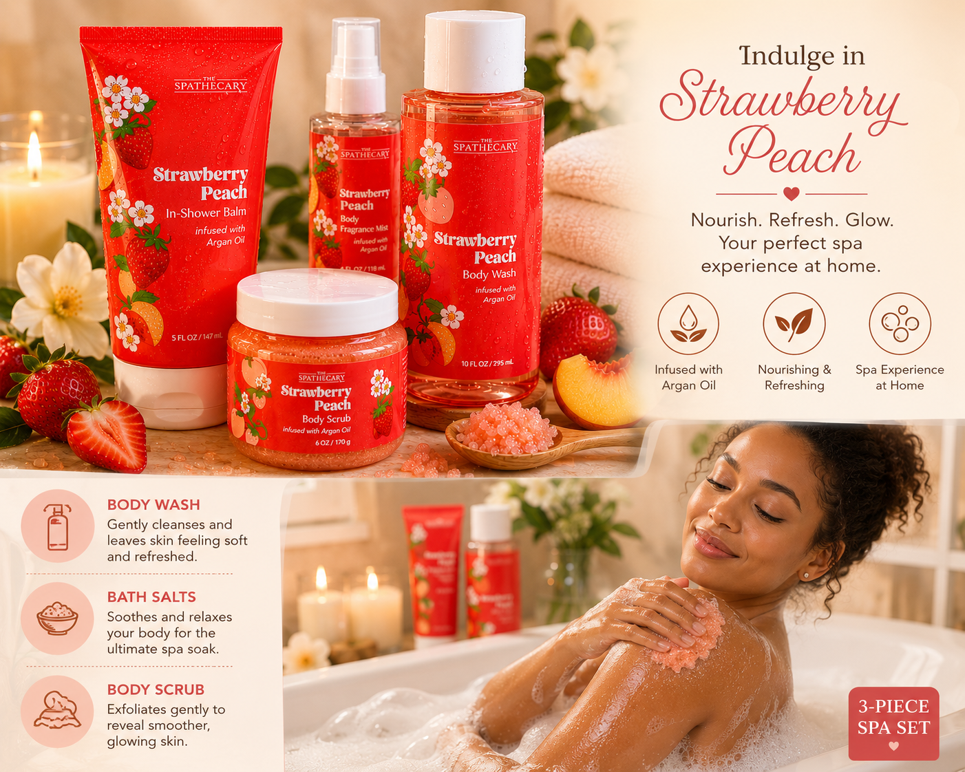 Strawberry Peach Spa Set – Body Wash, Body Scrub, Fragrance Mist & In-Shower Balm