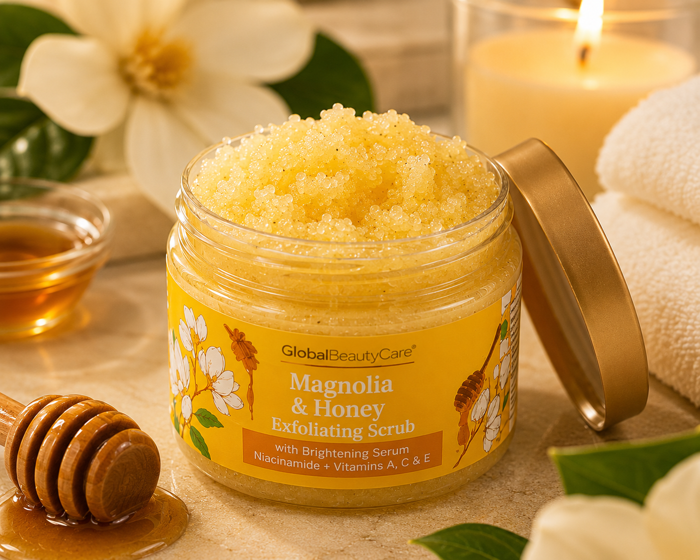 Magnolia & Honey Brightening Spa Set – Body Wash, Bath Salts & Exfoliating Scrub