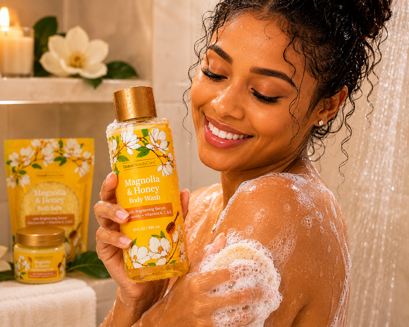 Magnolia & Honey Brightening Spa Set – Body Wash, Bath Salts & Exfoliating Scrub