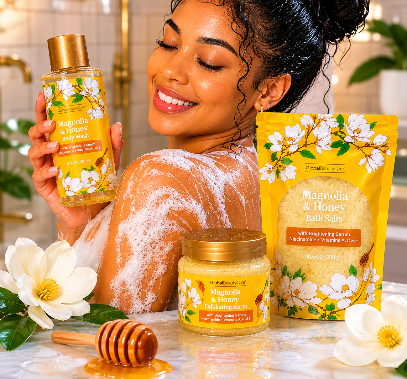 Magnolia & Honey Brightening Spa Set – Body Wash, Bath Salts & Exfoliating Scrub
