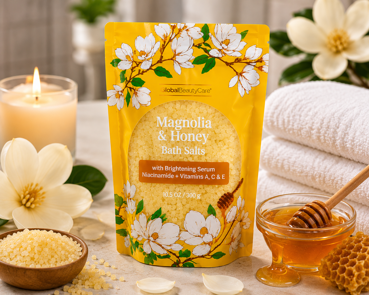 Magnolia & Honey Brightening Spa Set – Body Wash, Bath Salts & Exfoliating Scrub