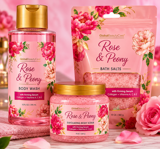 Rose & Peony Spa Set – Body Wash, Bath Salts & Exfoliating Body Scrub
