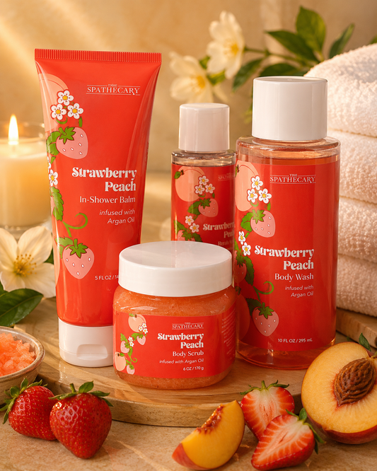 Strawberry Peach Spa Set – Body Wash, Body Scrub, Fragrance Mist & In-Shower Balm