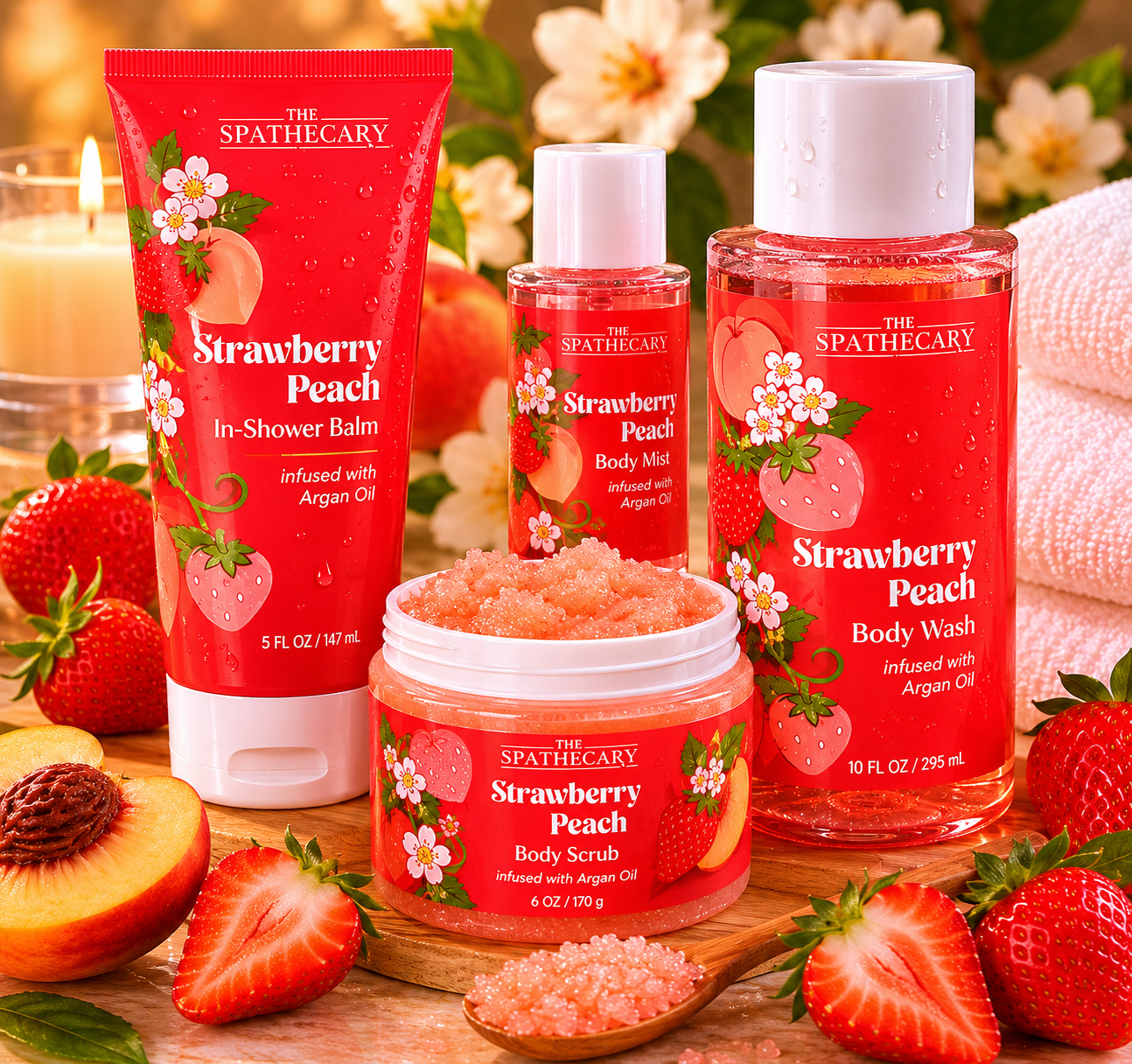 Strawberry Peach Spa Set – Body Wash, Body Scrub, Fragrance Mist & In-Shower Balm