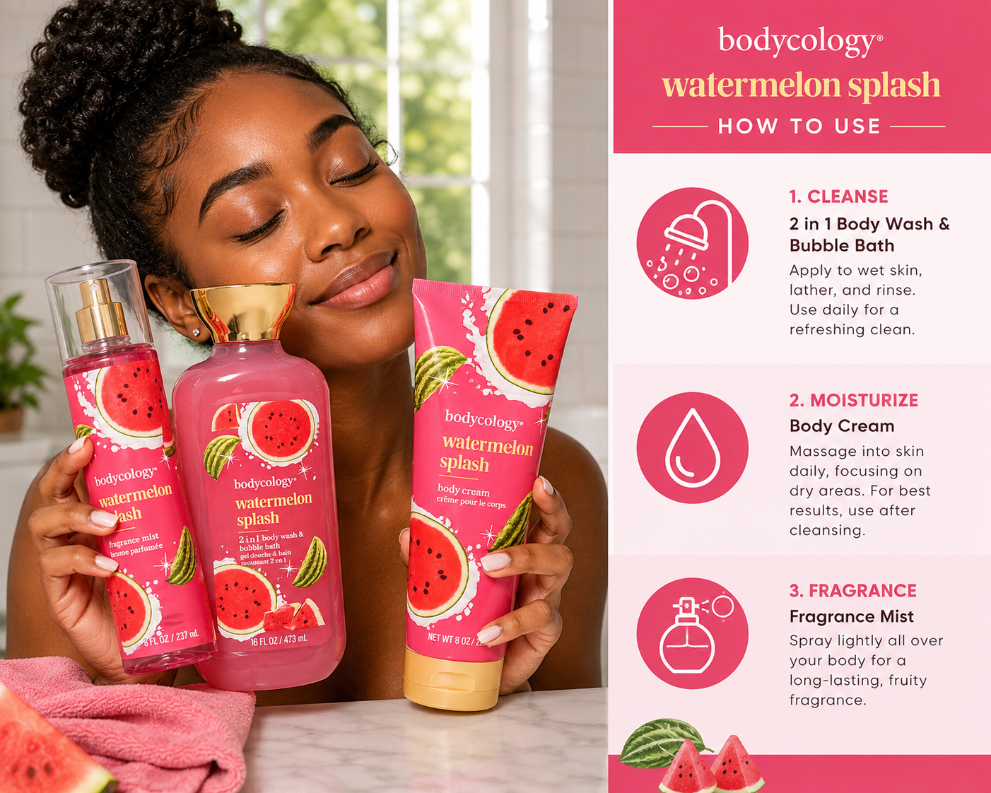 Bodycology Watermelon Splash Body Care Set – Fragrance Mist, Body Wash & Body Cream