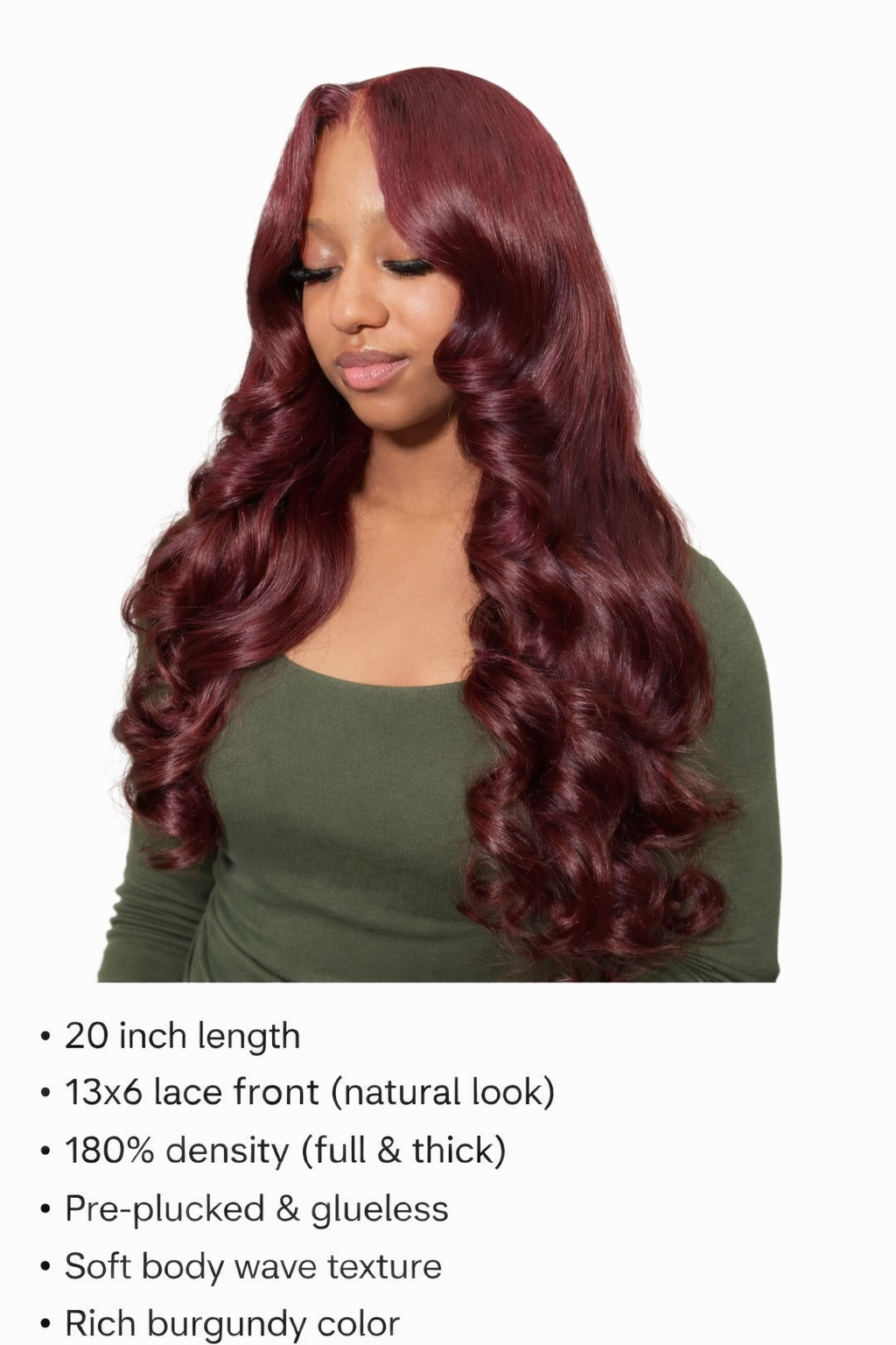GA Brand Burgundy Body Wave Wig -20 inch 13x6 Lace Front Human Hair