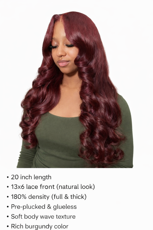 GA Brand Burgundy Body Wave Wig -20 inch 13x6 Lace Front Human Hair